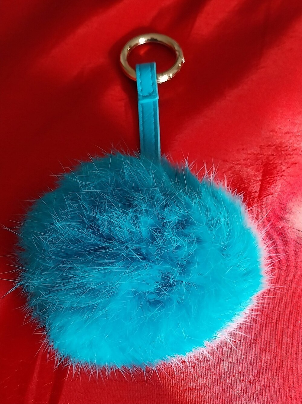 Turquoise Faux Fur Pom Keychain with Gold Ring